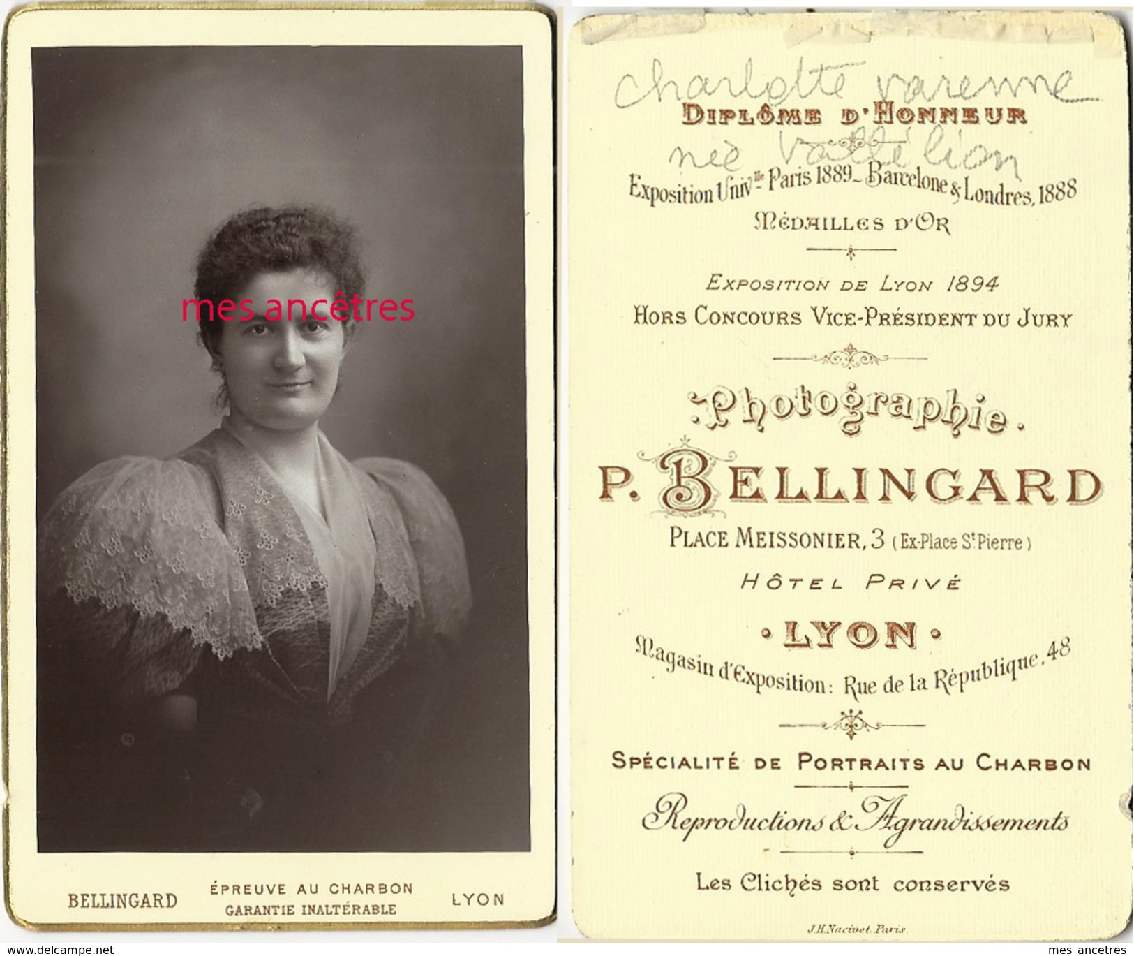 CDV Famille VARENNE 3 Sur 7-Charlotte VALLELION ép. Francisque VARENNE-par Bellingard à Lyon - Anciennes (Av. 1900)
