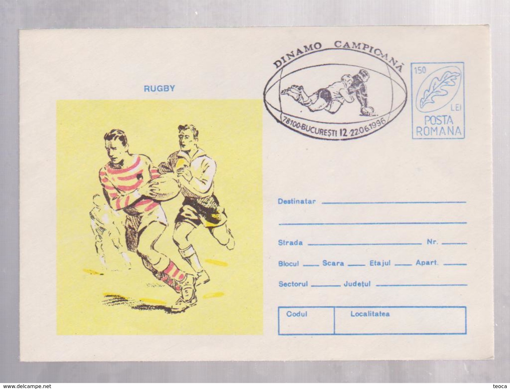 RUGBY, ROMANIA,  CHAMPION DINAMO BUCURESTI ROMANIA, 1996,COVER  STATIONERY - Rugby