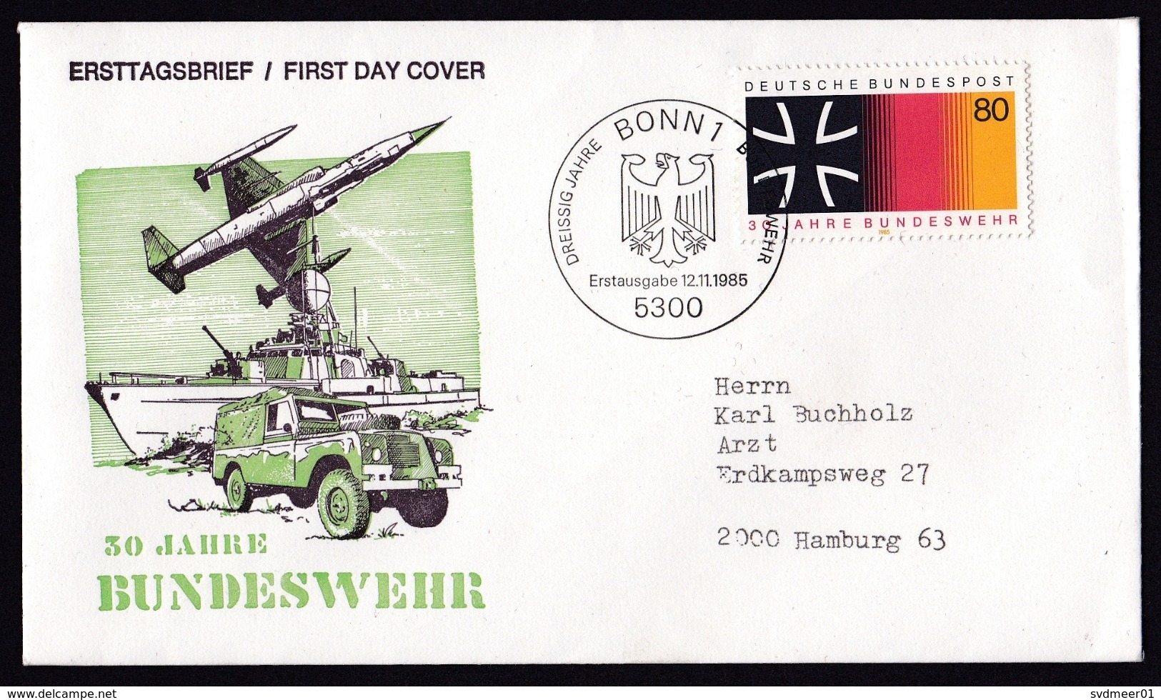 Germany: Circulated FDC First Day Cover, 1985, 1 Stamp, Armed Forces, Army, Landrover, Fighter Jet, Ship (traces Of Use) - Brieven En Documenten