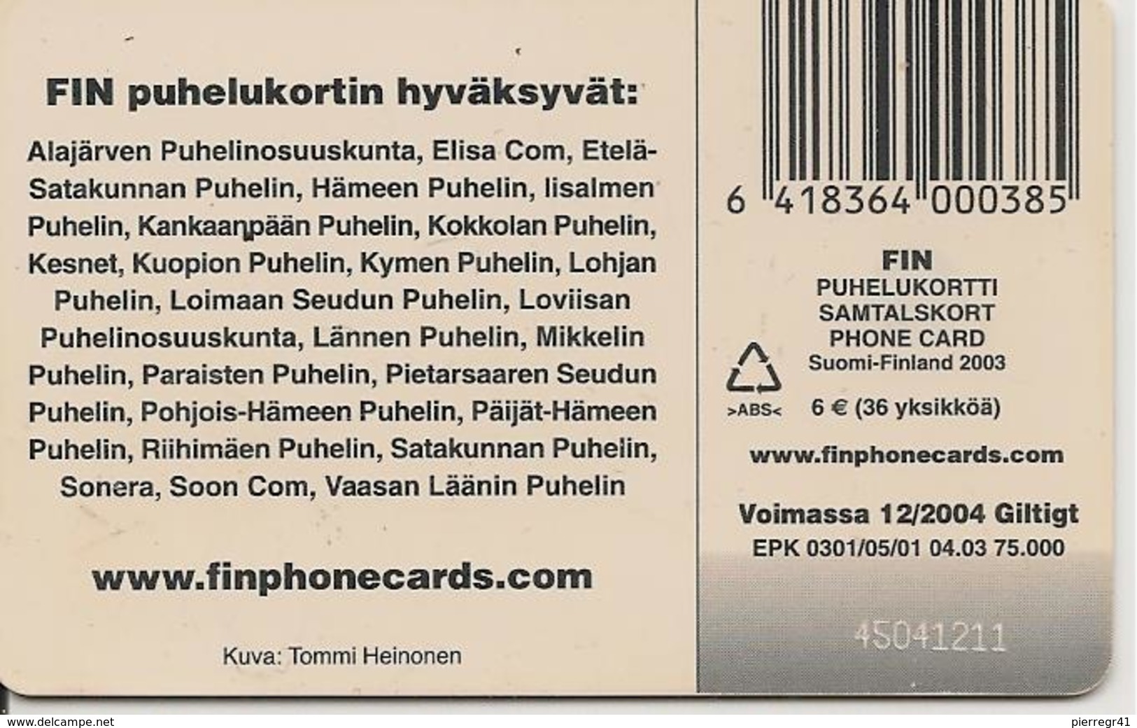 CARTE-PUCE-FINLANDE-6&euro;-VACHE-04/03-75000Ex-TBE- - Kühe