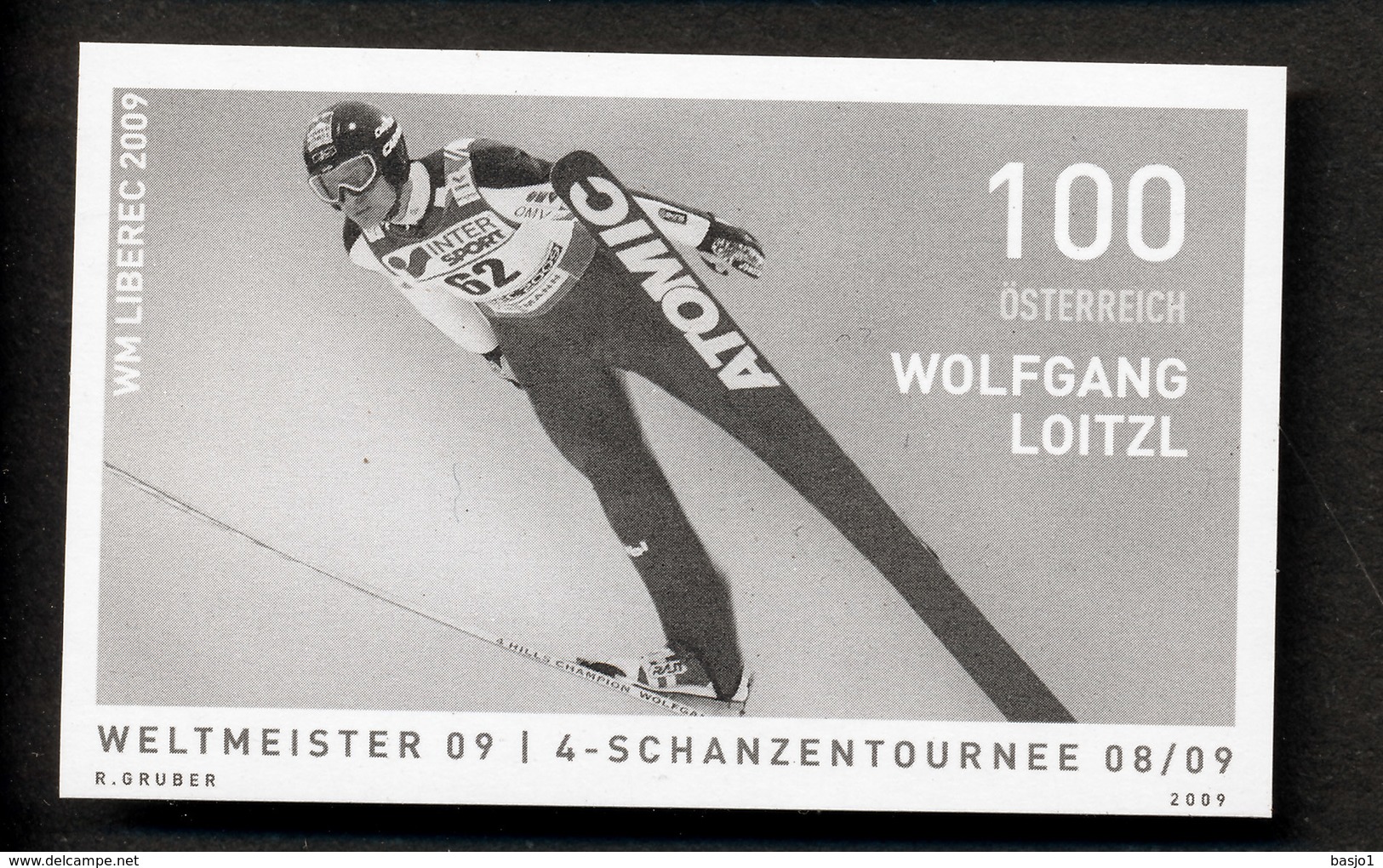 MNH  VERY RARE OFFICIAL IMPERFORATED BLACK PRINT (LOW QUANTITY ISSUED) FROM A STAMP 100% GENUINE AUSTRIA LOITZL - Skiing