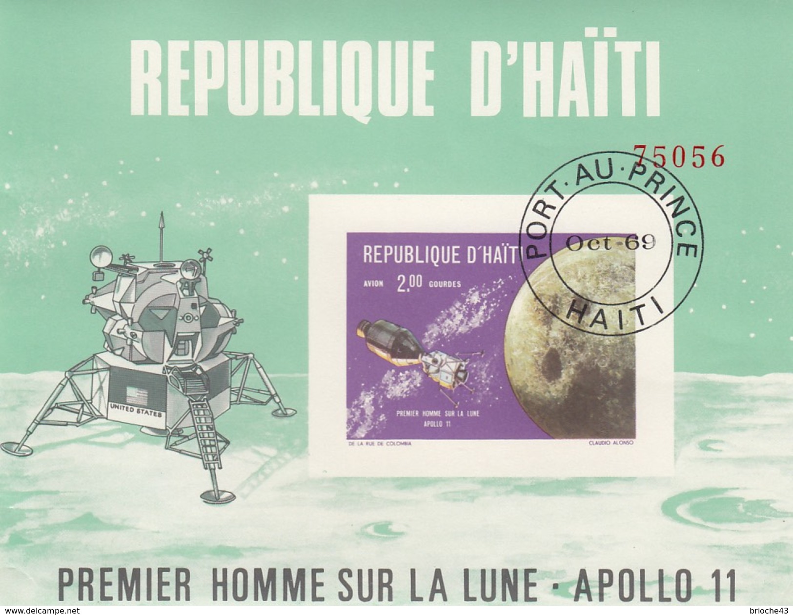 REPUBLIQUE D'HAÏTI- BLOC PREMIER HOMME SUR LA LUNE APOLLO 11  / OBLITERATION PORT AU PRINCE OCT 69   / 6626 - América Del Norte