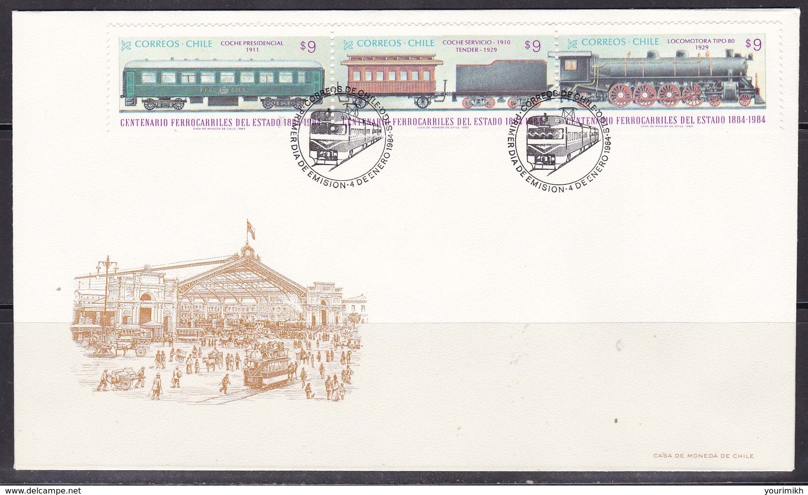 FDC CHILE Locomotives Trains Railway CV 11&euro; - Treni