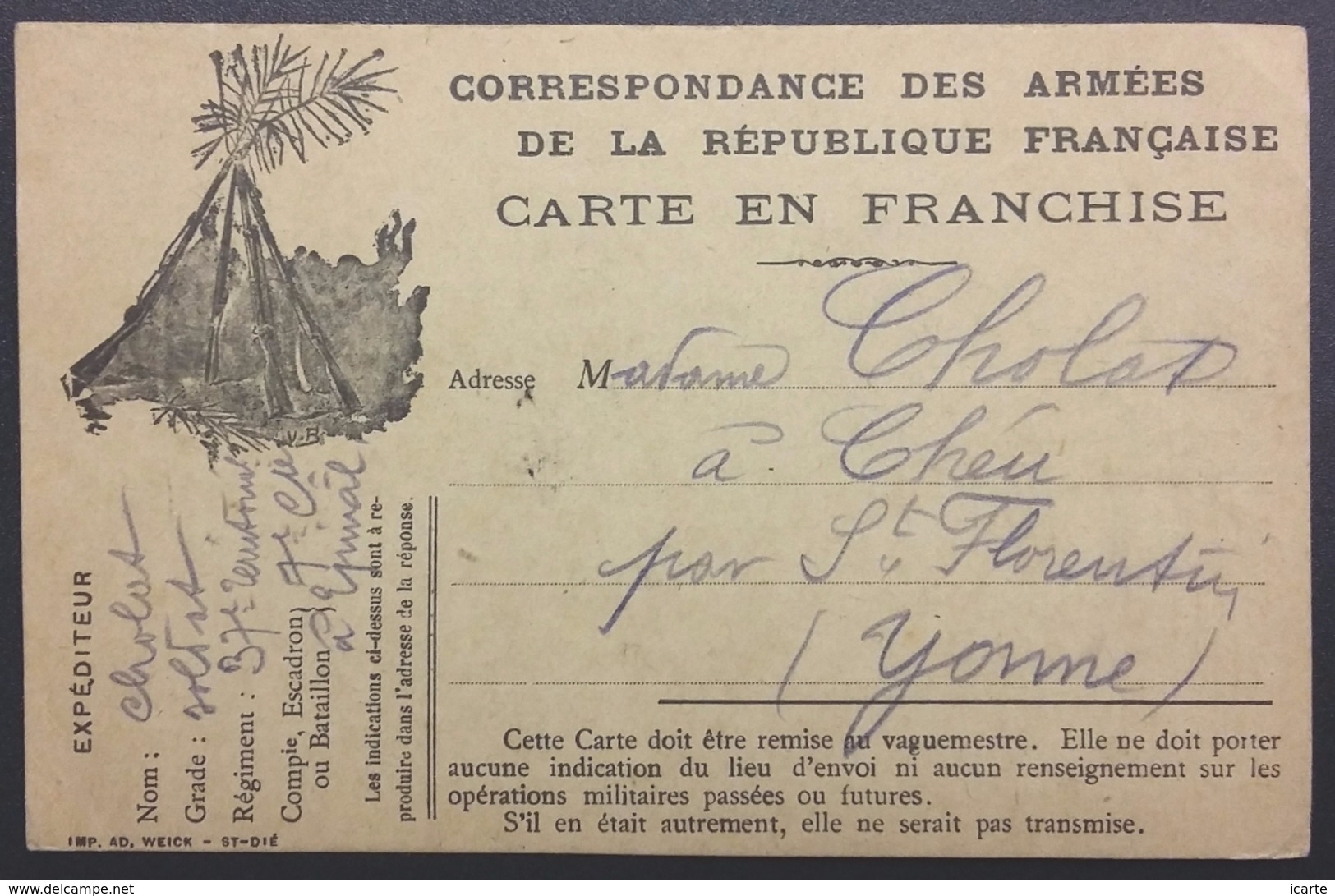 Carte De Franchise Militaire Illustrée Bivouac Du 37e Territorial Epinal Vers Chéu Yonne Octobre 1914 - Brieven En Documenten