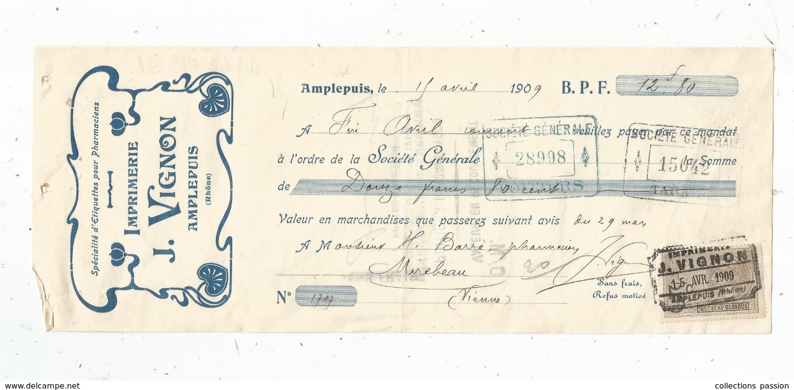 Mandat , 1909 , étiquettes Pour Pharmaciens , Imprimerie J. VIGNON , AMPLEPUIS , Rhône , 2 Scans ,  Frais Fr : 1.55&euro - 1950 - ...
