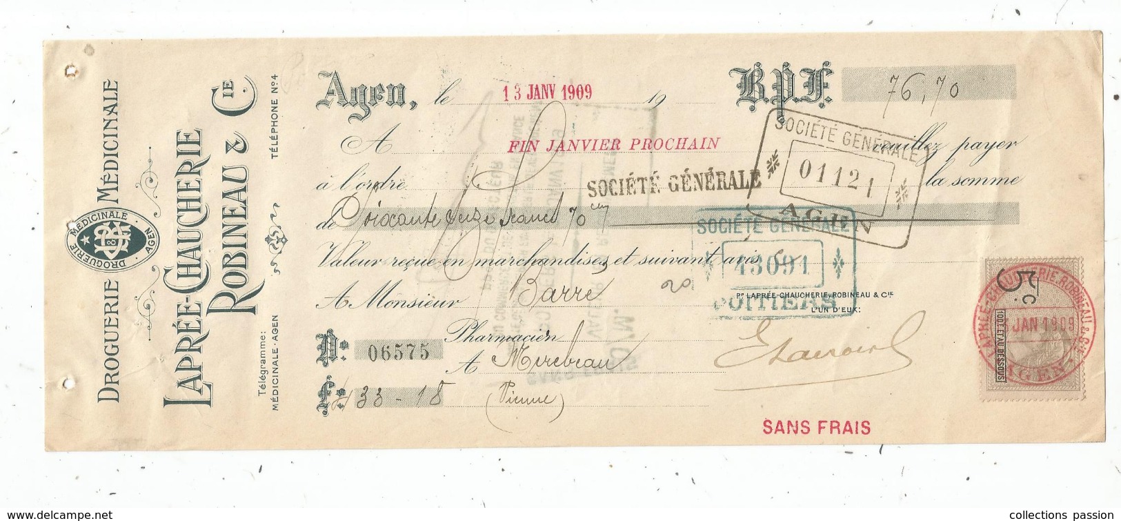 Mandat , 1909 , Droguerie Médicinale , Laprée - Chaucherie Robineau & Cie , Agen , 2 Scans ,  Frais Fr : 1.55 Euros - 1950 - ...