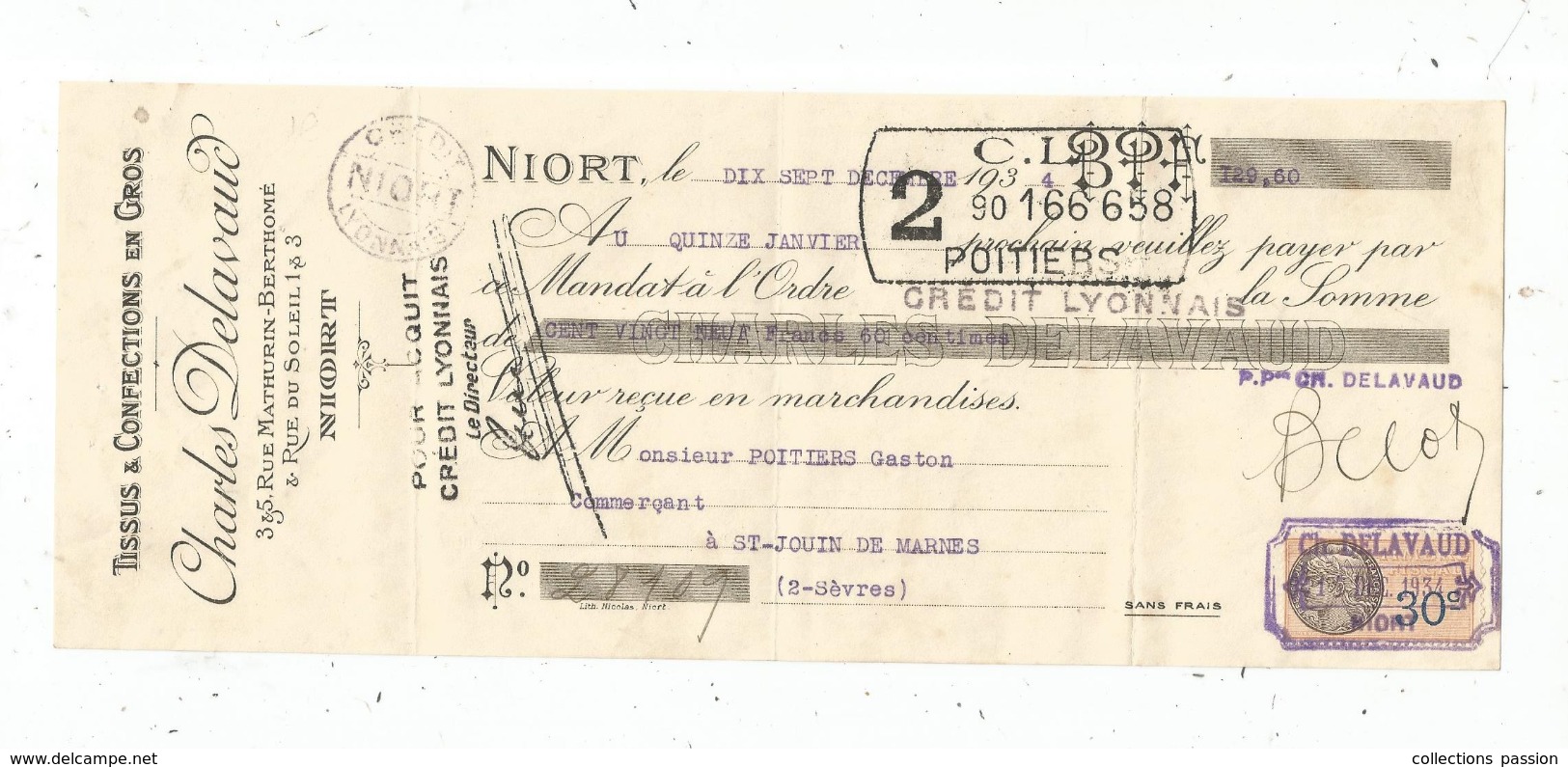 Mandat , 1934 , Tissus & Confections , C. Delavaud , 79 , NIORT , Timbré , 2 Scans ,  Frais Fr : 1.55 Euros - 1950 - ...