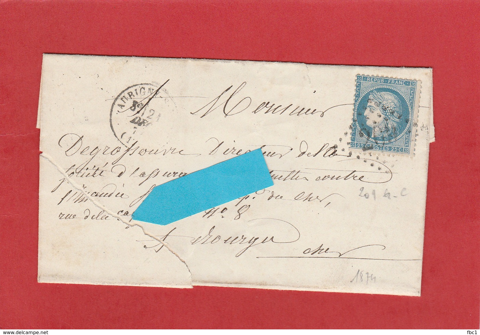 LAC - 1874 - Aubigny Sur Nere (Cher) GC209 CAD15 Sur N°60A Cérès (voir état) - 1849-1876: Classic Period