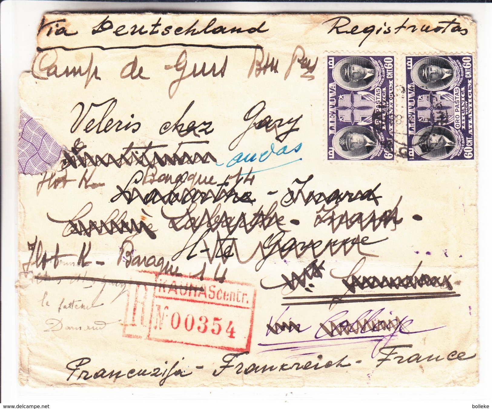 Lituanie - Lettre Recom De 1940 ° - Oblit Kaunas - Exp Vers Le Camp De Gurs En France - Avec Censure - Très Rare - Lithuania