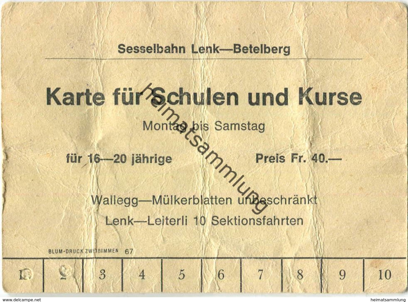 Schweiz - Sesselbahn Lenk-Betelberg - Karte Für Schulen Und Kurse 1968 - Europa