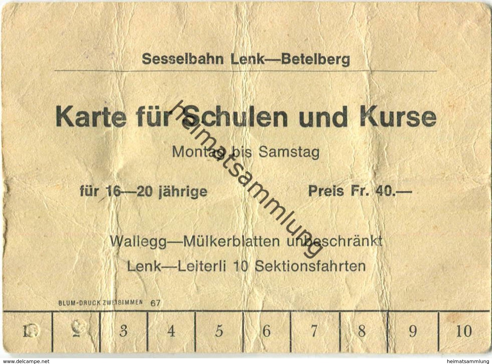 Schweiz - Sesselbahn Lenk-Betelberg - Karte Für Schulen Und Kurse 1968 - Europe