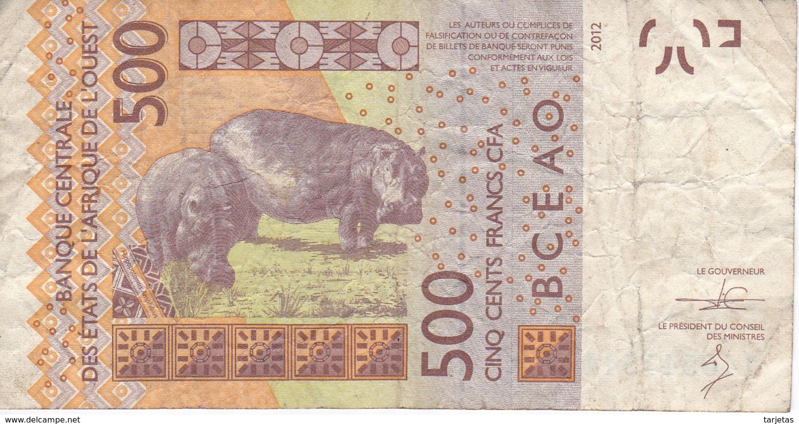 BILLETE DE SENEGAL DE 500 FRANCS DEL AÑO 2012 (HIPOPOTAMO-HIPPO) (BANK NOTE) - Sénégal