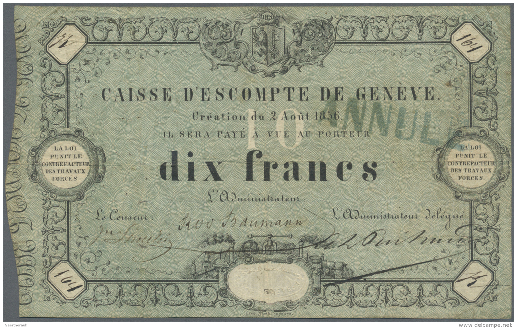 Switzerland / Schweiz: 10 Francs 1856, Caisse D'Escompte De Gen&egrave;ve, P. S311, Stamped "Annul&eacute;", Used With S - Svizzera