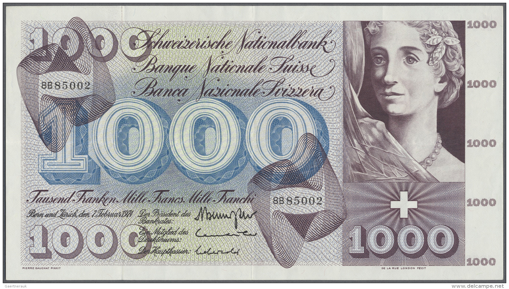 Switzerland / Schweiz: 1000 Franken 1974 P. 52m, Three Light Vertical, One Horizontal Fold, No Holes Or Tears, Crisp Ori - Suisse