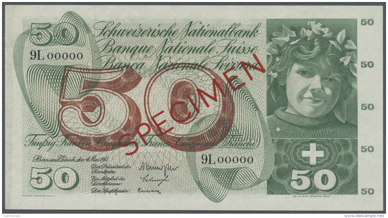 Switzerland / Schweiz: 50 Franken 1961 Specimen P. 48As, Zero Serial Number, Red Specimen Overprint, Traces Of Attachmen - Suisse