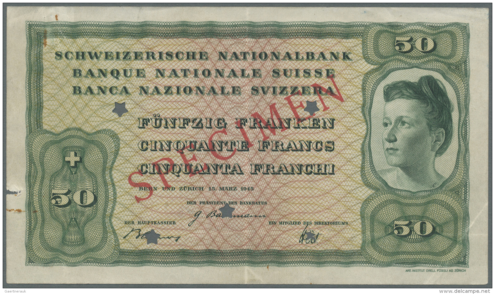 Switzerland / Schweiz: 50 Franken 1945 Specimen P. 42s, Rare Unissued Banknote, 5 Star Cancellation Holes, Red Specimen - Suisse