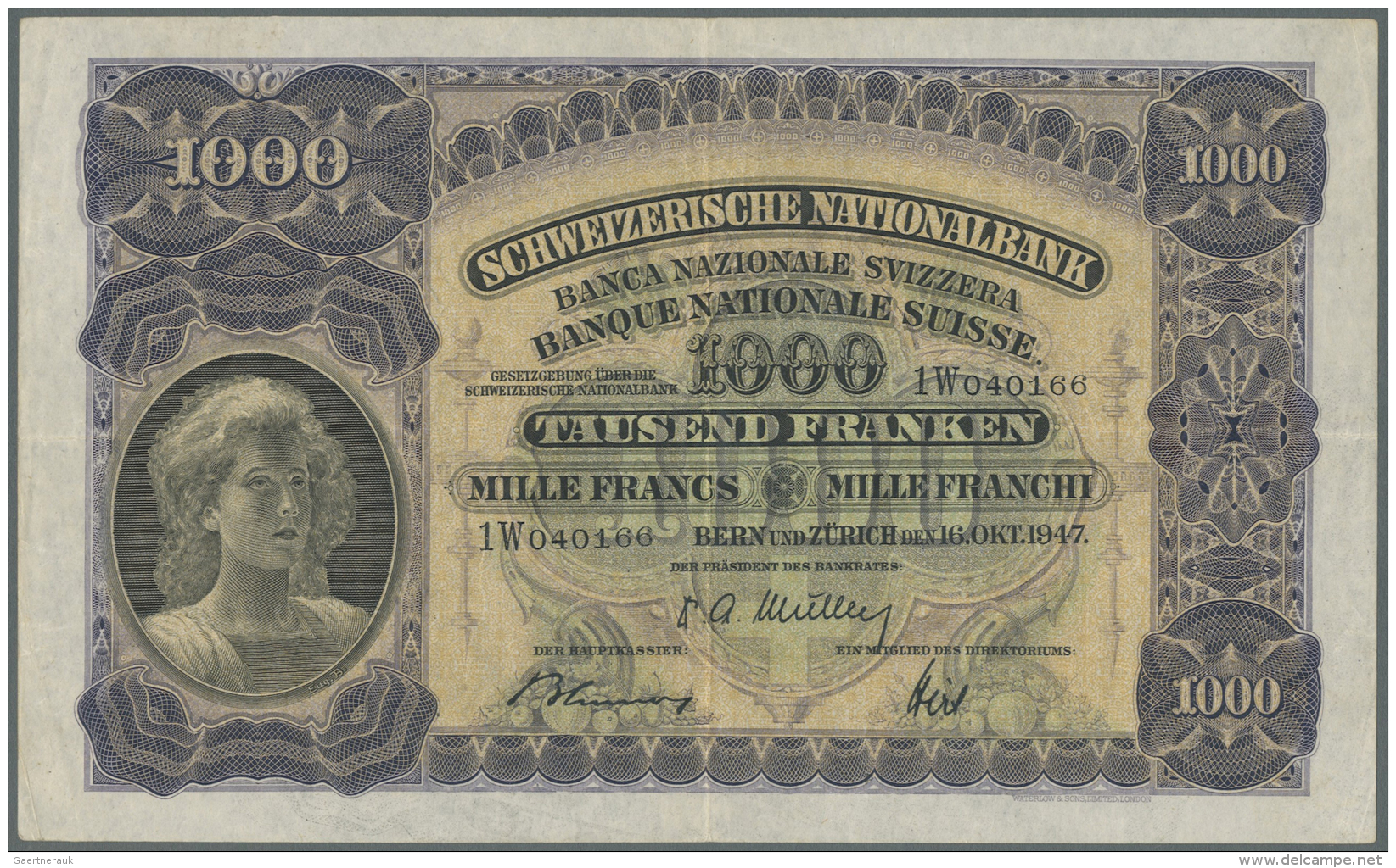 Switzerland / Schweiz: 1000 Franken 1947 P. 37h, Center And Horizontal Fold, Some Light Corner Folding But No Holes Or T - Svizzera