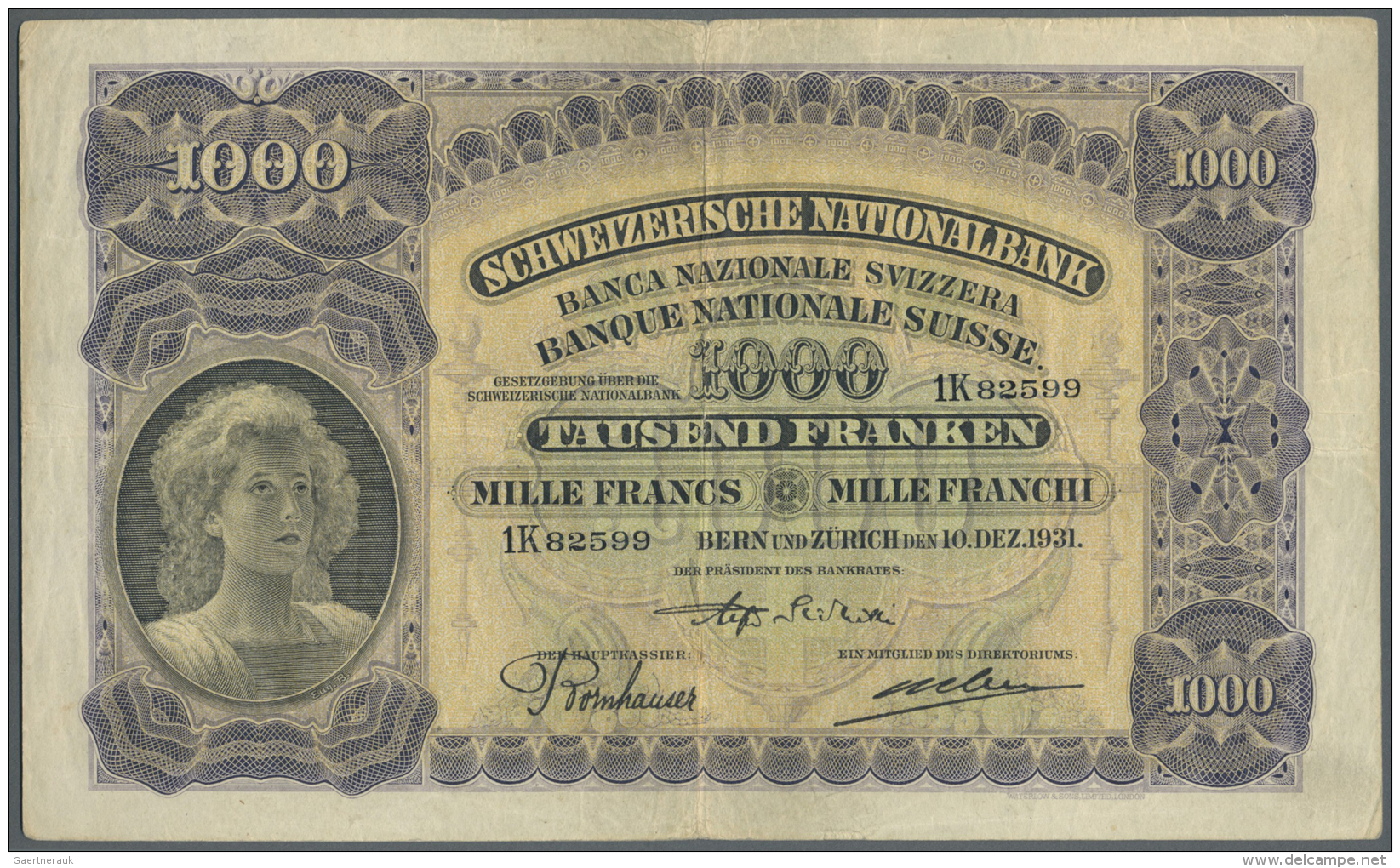 Switzerland / Schweiz: 1000 Franken 1931 P. 37, Used With Vertical And Horizontal Folds, No Holes Or Tears, Strong Paper - Suisse