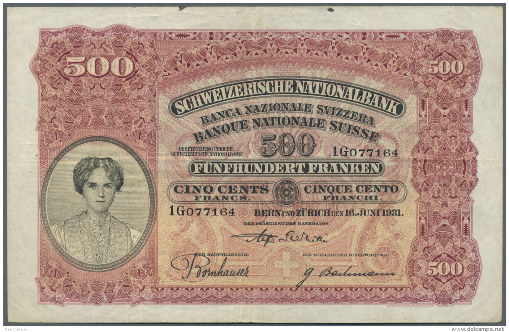 Switzerland / Schweiz: 500 Franken 1931 P. 36, Used With Folds In Paper, Light Handling, Some Pinholes, 2 Ink Dots At Up - Svizzera