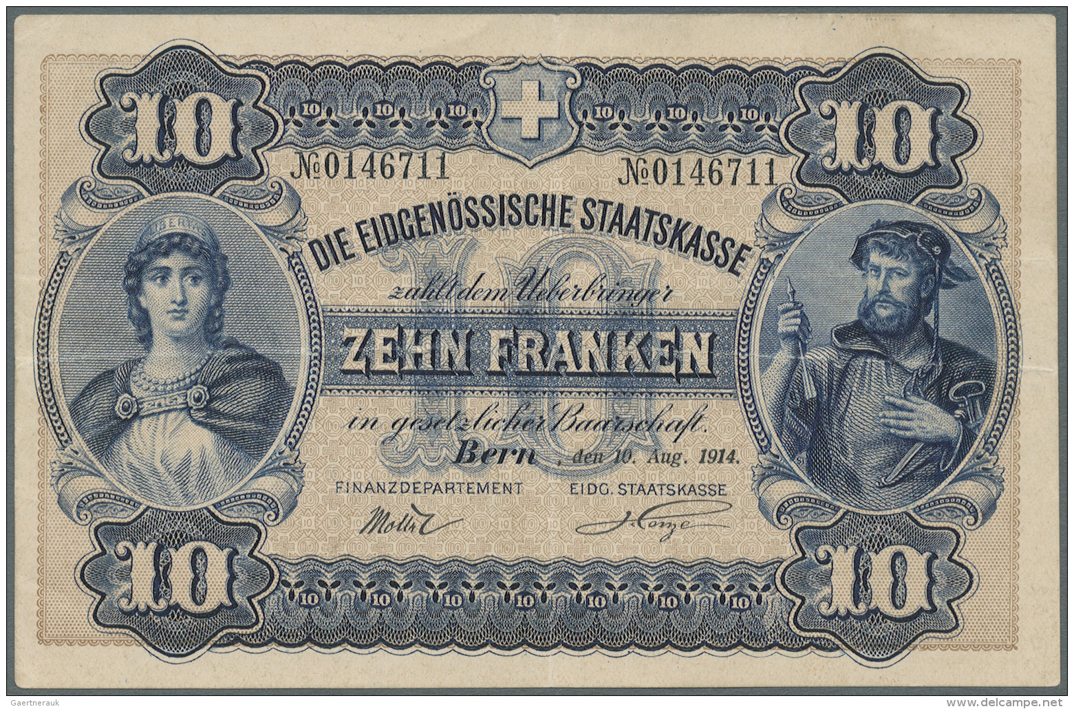Switzerland / Schweiz: 10 Franken 1914 P. 17, Center Fold, Light Horizontal Fold, Strong Paper, Original Colors, No Hole - Suisse