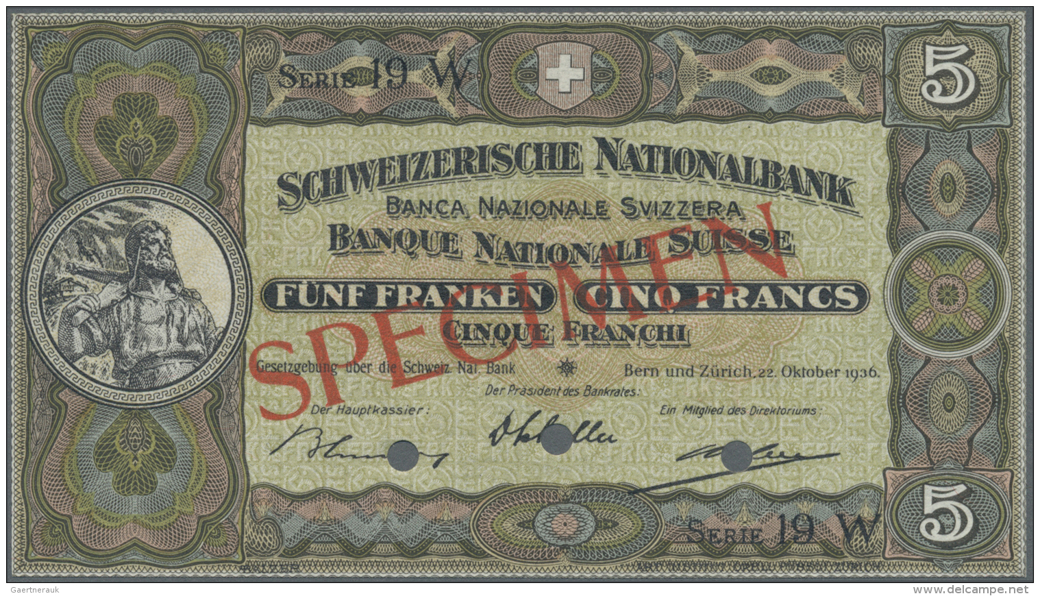 Switzerland / Schweiz: 5 Franken 1936 SPECIMEN, P.11hs In Perfect UNC Condition - Suisse