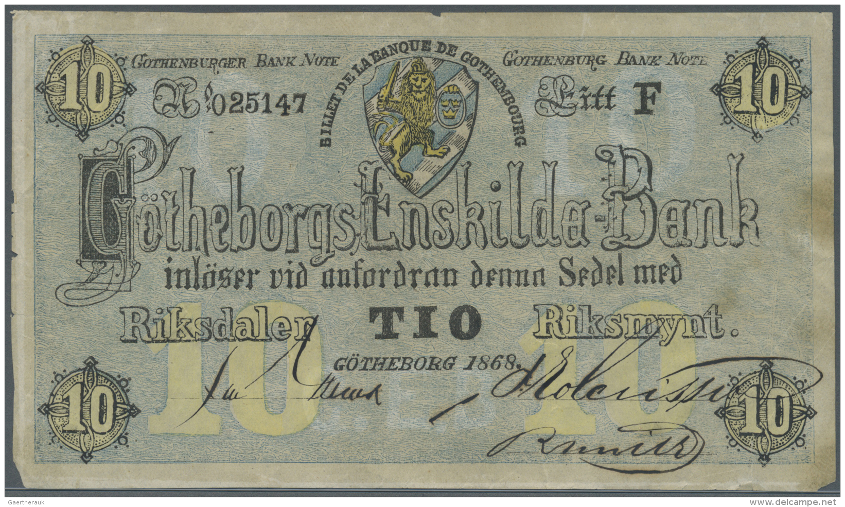 Sweden / Schweden: 10 Kroner 1868 P. NL, G&ouml;theborgs Enskilda Bank, Issued Note With Signatures, Used With Creases I - Suède