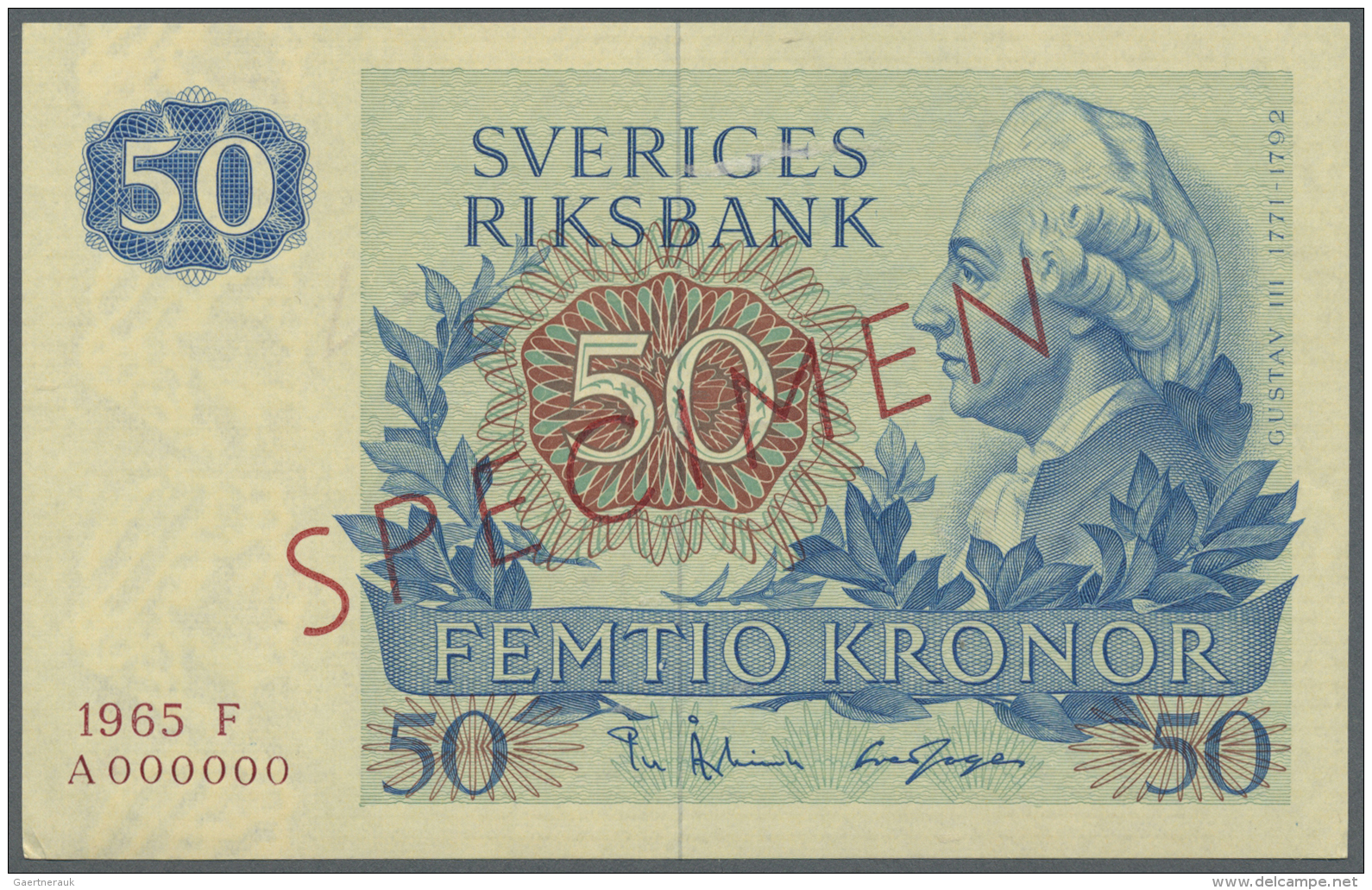 Sweden / Schweden: 50 Kronor 1965 Specimen P. 53s, Zero Serial Numbers, Red Specimen Overprint, In Condition: AUNC. - Suède