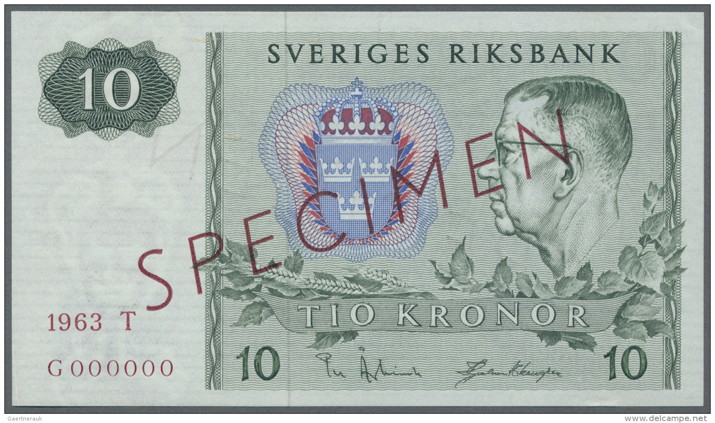Sweden / Schweden: 10 Kronor 1963 Specimen P. 52s, With Zero Serial Numbers And Red Specimen Overprint, In Condition: AU - Svezia