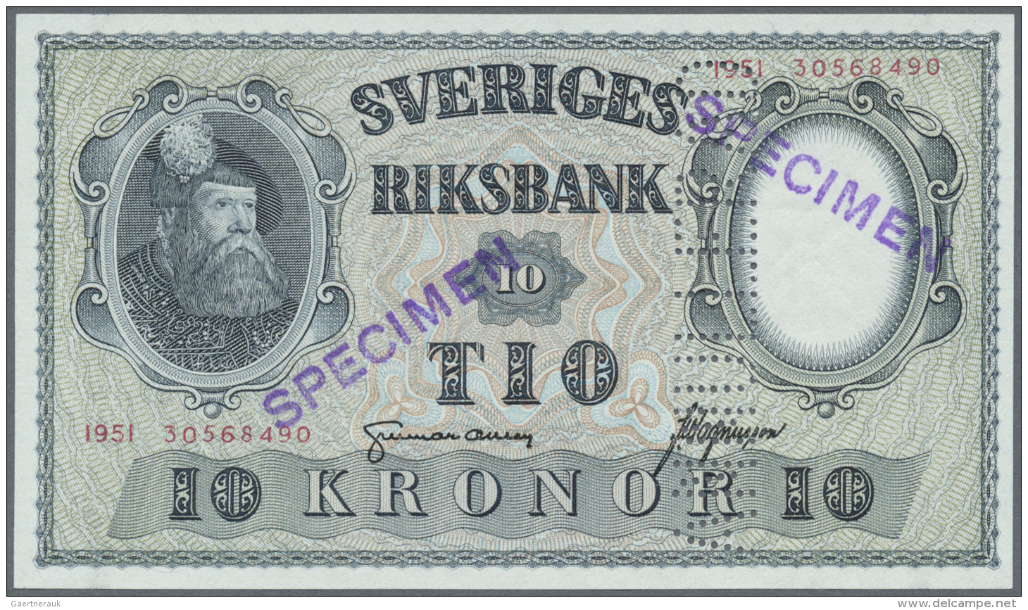 Sweden / Schweden: 10 Kronor 1951 SPECIMEN With Regular Serial Number, Perforation "ANNULLERAD" And Two Times Stamped "S - Suède