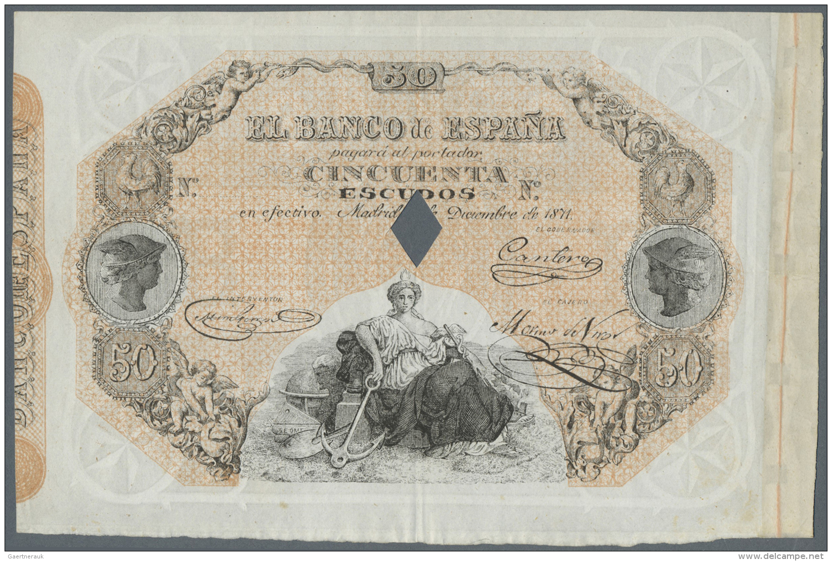 Spain / Spanien: 50 Escudos 1871 P. NL, A Highly Rare Issue Of "El Banco De Espana" With Bank Cancellation At Center, Wi - Autres & Non Classés