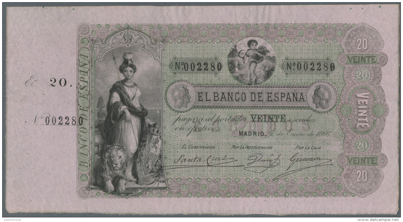 Spain / Spanien: 20 Escudos 1866 "El Banco De Espana" P. NL, Highly Rare Early Issue In Excellent Condition, Never Folde - Autres & Non Classés