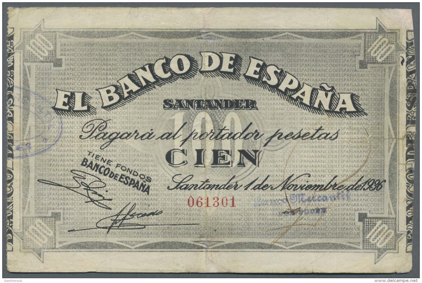Spain / Spanien: 100 Pesetas 1936 P. S585 "SANTANDER" In Condition: F To F+. - Autres & Non Classés