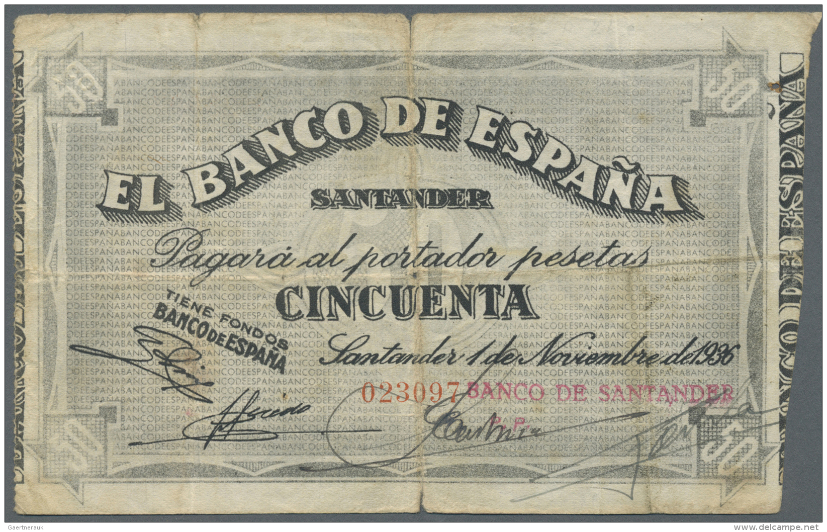 Spain / Spanien: 50 Pesetas 1936 P. S584 "SANTANDER" In Condition: F-. - Autres & Non Classés
