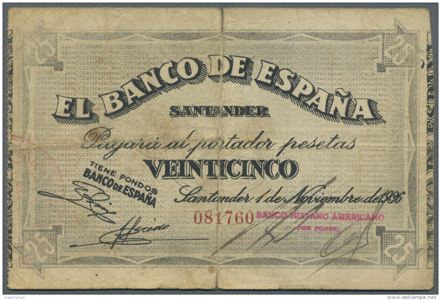 Spain / Spanien: 25 Pesetas 1936 P. S583 "SANTANDER" In Condition: F-. - Autres & Non Classés