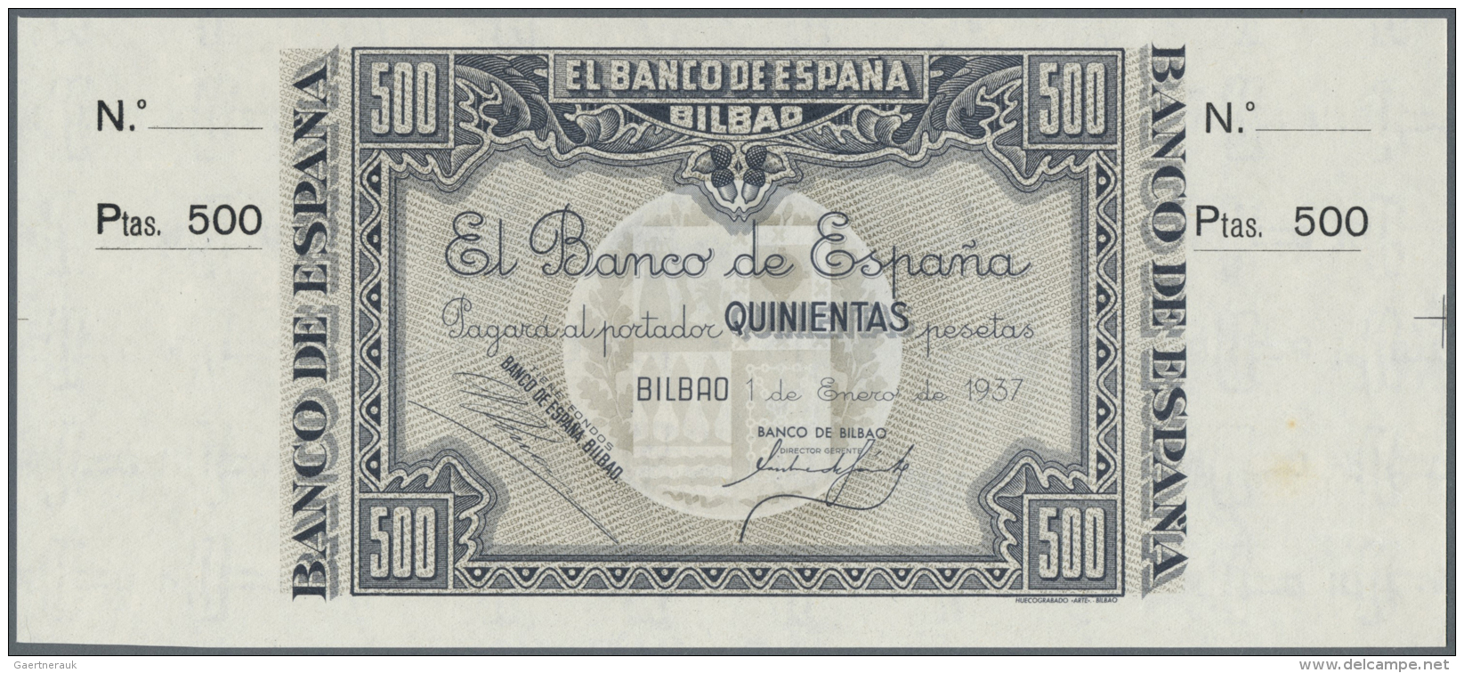 Spain / Spanien: 500 Pesetas 1937 P. S566, Key Note Of This Series Of Bilbao, A Light Stain Dot At Lower Right But In Cr - Autres & Non Classés