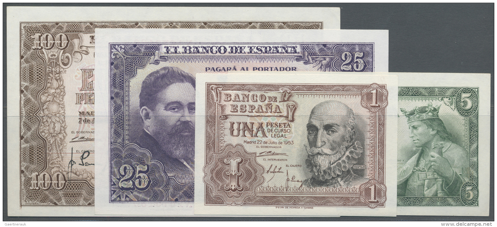 Spain / Spanien: Set Of 4 Notes Containing 1 Peseta 1953 P. 144a (UNC), 5 Pesetas 1954 P. 145a (XF+), 25 Pesetas 1954 P. - Autres & Non Classés