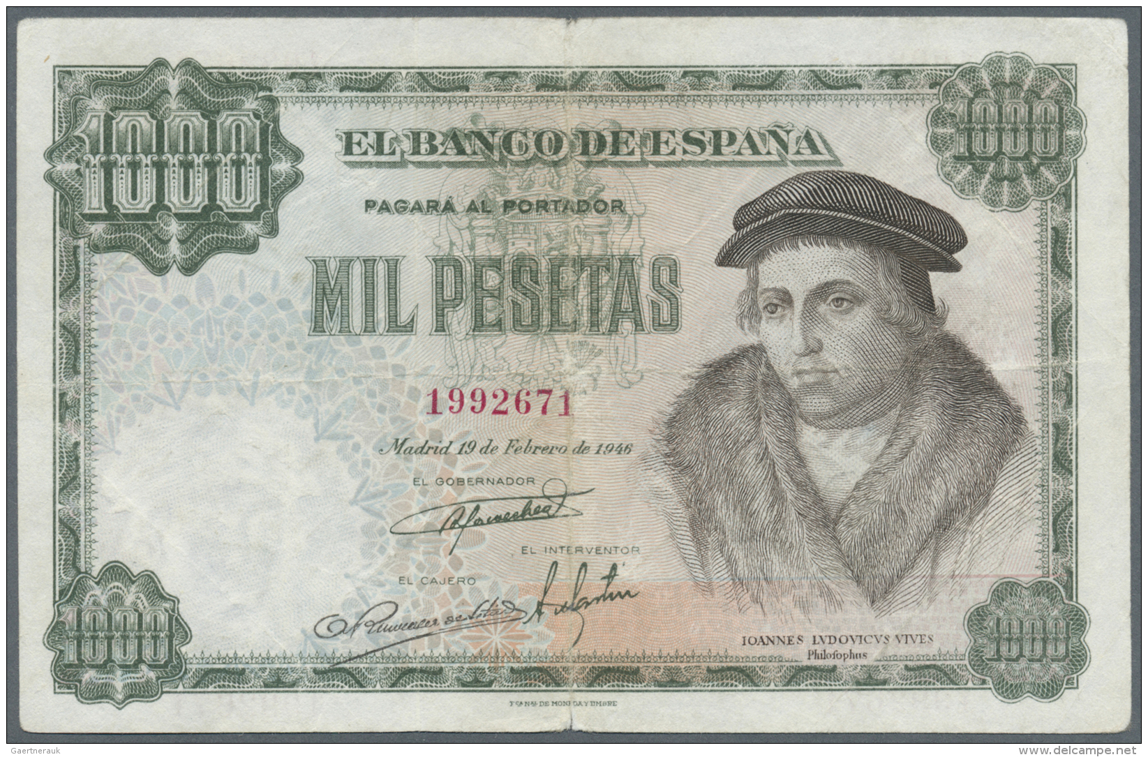 Spain / Spanien: 1000 Pesetas 1946 P. 133a, Strong Center Fold Which Caused A 5mm Tear At Upper And Lower Border, Not Re - Autres & Non Classés