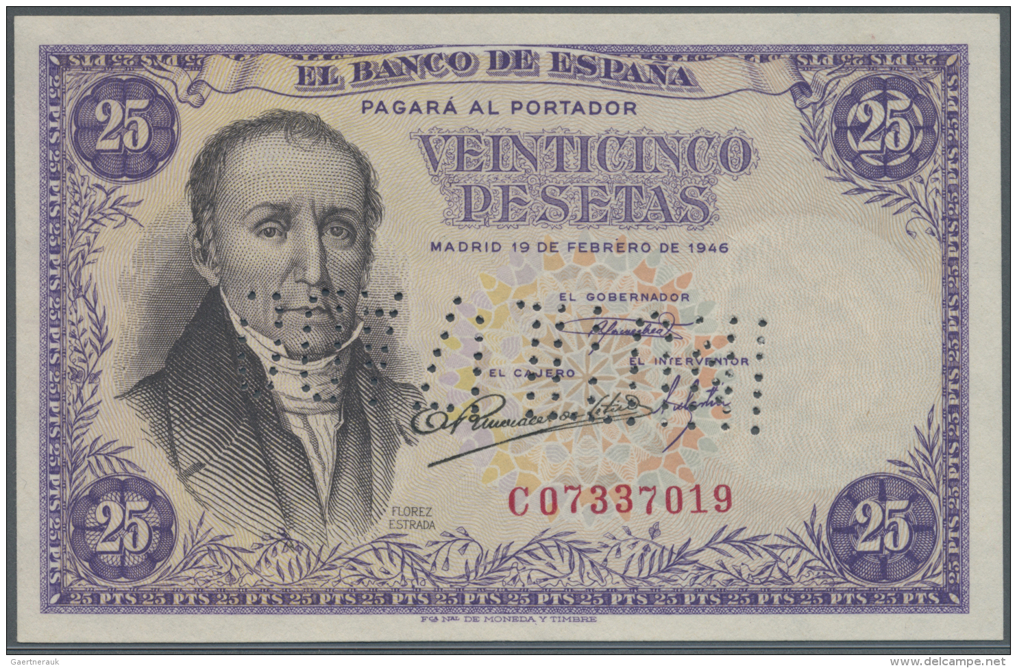 Spain / Spanien: 25 Pesetas 1946 Specimen P. 130s, Cancellation Perforation, With Regular Serial Numbers, Light Traces O - Autres & Non Classés