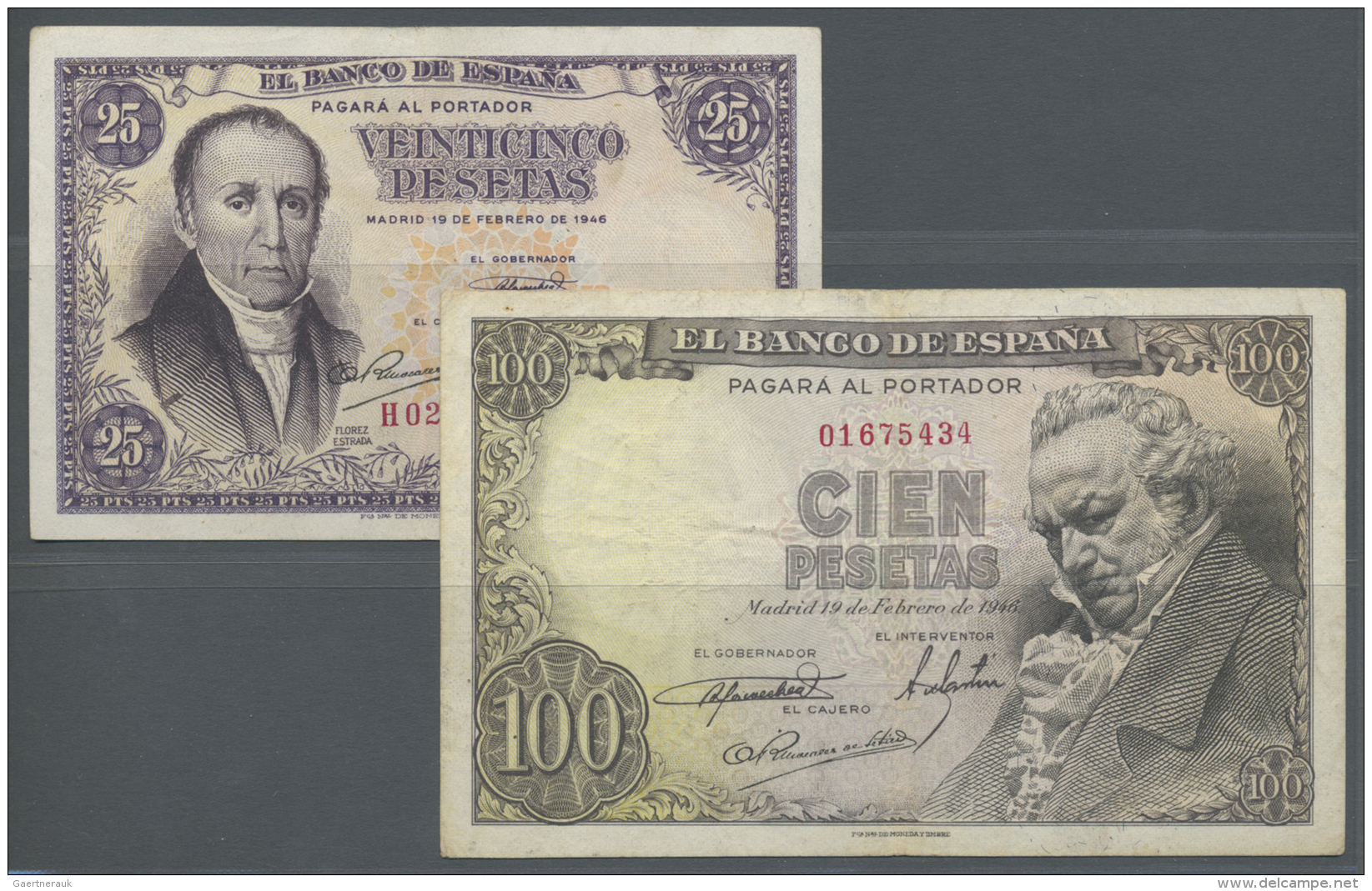 Spain / Spanien: Set Of 2 Notes Containing 25 Pesetas 1946 P. 130a (VF) And 100 Pesetas 1946 P. 131a (VF-). (2 Pcs) - Autres & Non Classés