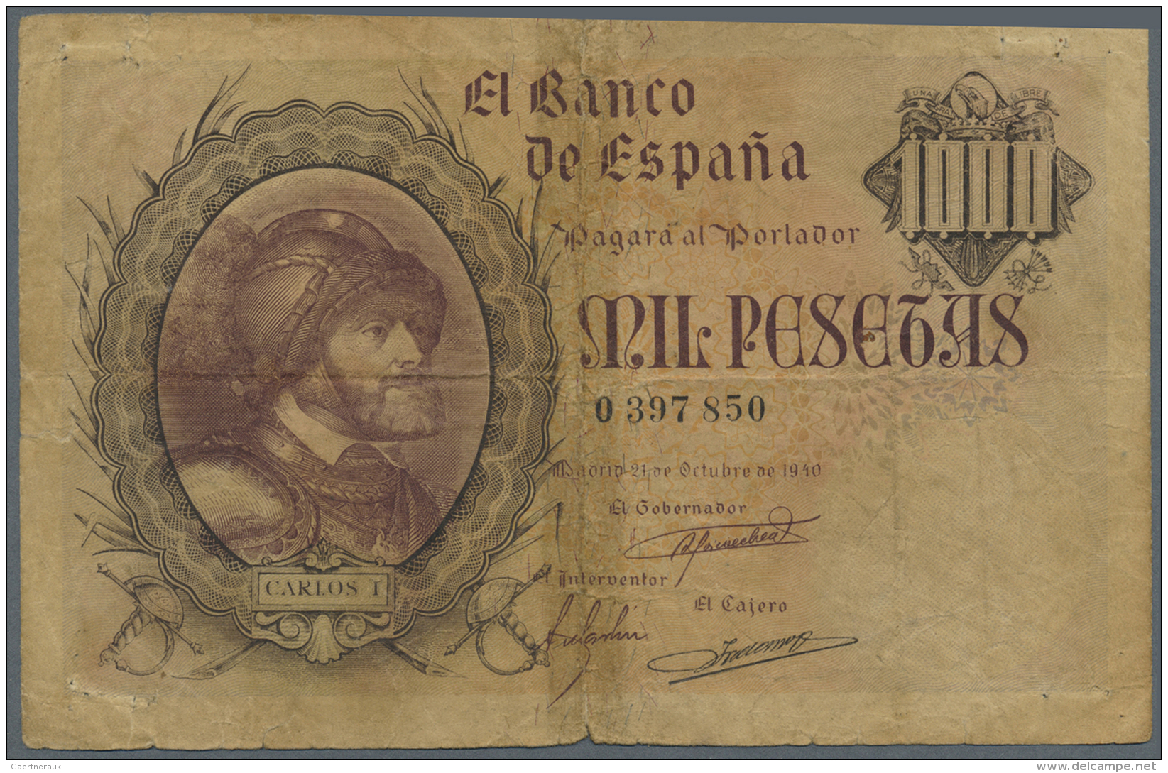 Spain / Spanien: 1000 Pesetas 1940 P. 125a, Stongly Stained Paper And A Very Heavy Center Fold, Taped On Back, A Few Pin - Autres & Non Classés
