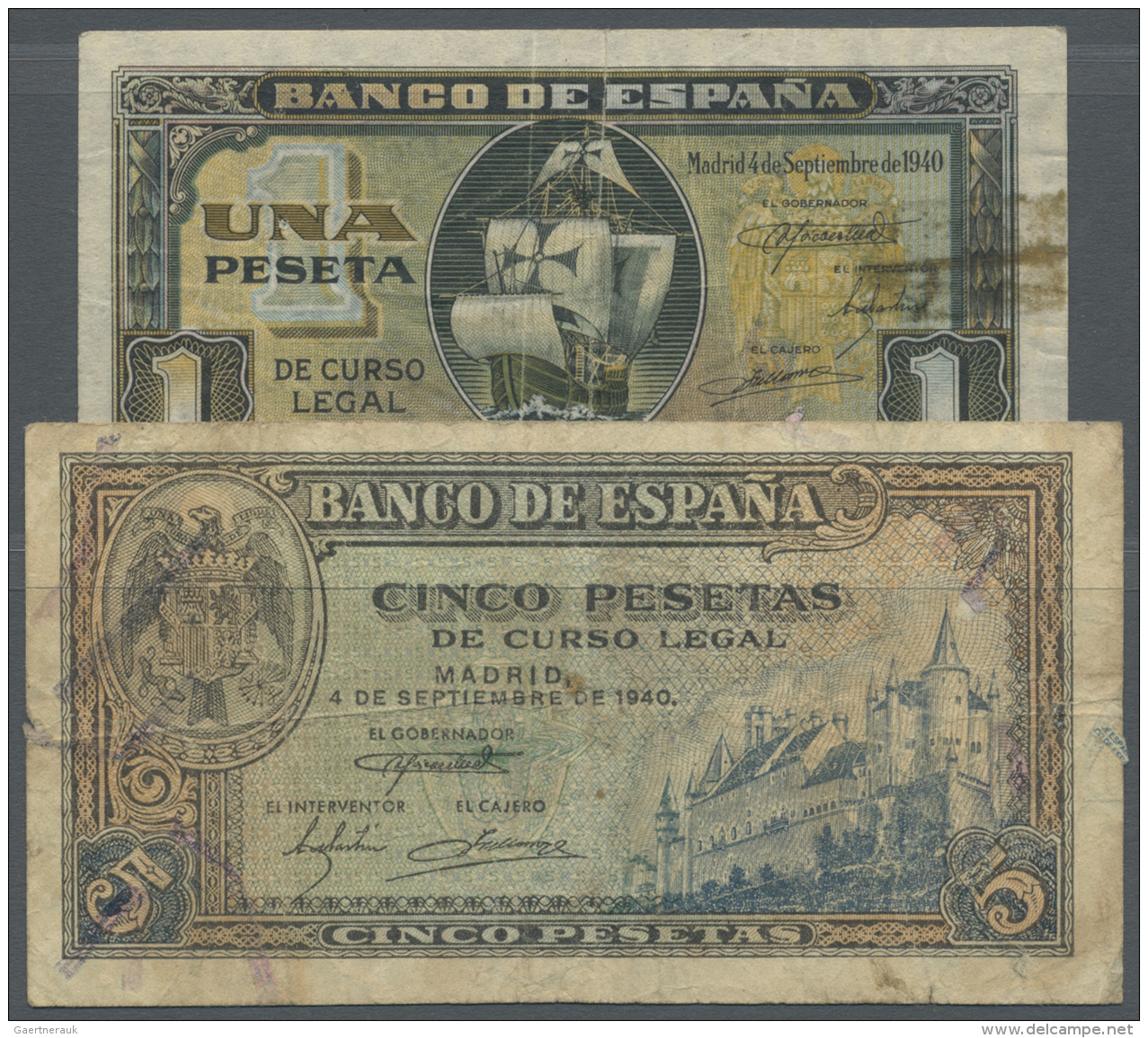 Spain / Spanien: Set Of 2 Notes Containing 1 Peseta 1940 P. 122a (F-) And 5 Pesetas 1940 P. 123a (F). (2 Pcs) - Autres & Non Classés