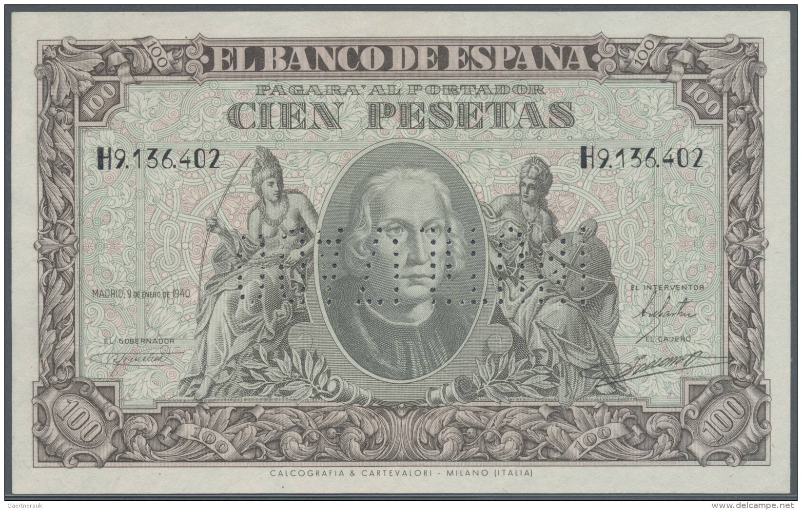 Spain / Spanien: 100 Pesetas 1940 Specimen P. 118s, Cancellation Perforation, Regular Serial Number, Condition: UNC. - Autres & Non Classés