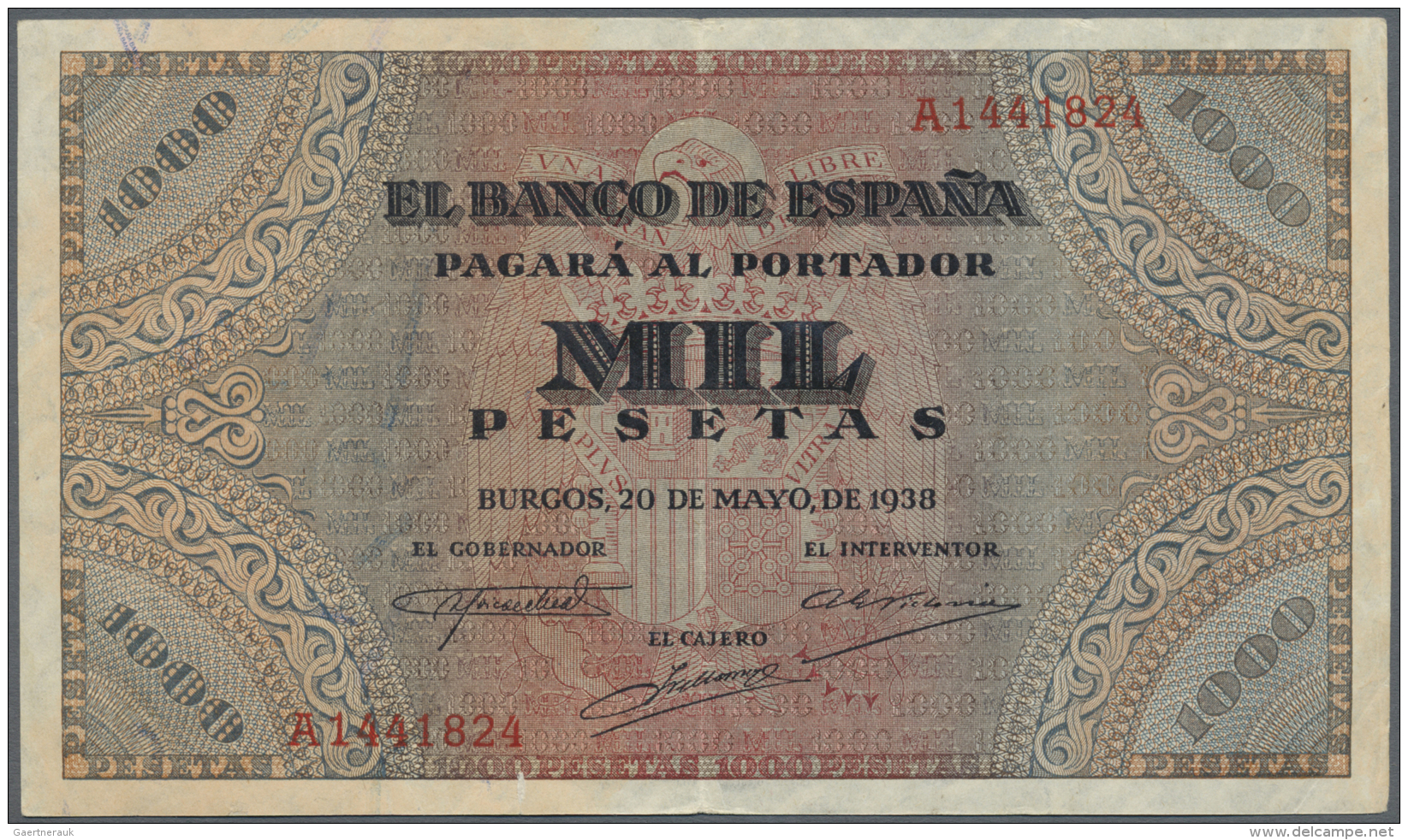 Spain / Spanien: 1000 Pesetas 1938 P. 115a, 3 Vertical Folds, One 5mm Tear At Lower Border, No Holes, Still Strong Paper - Altri & Non Classificati