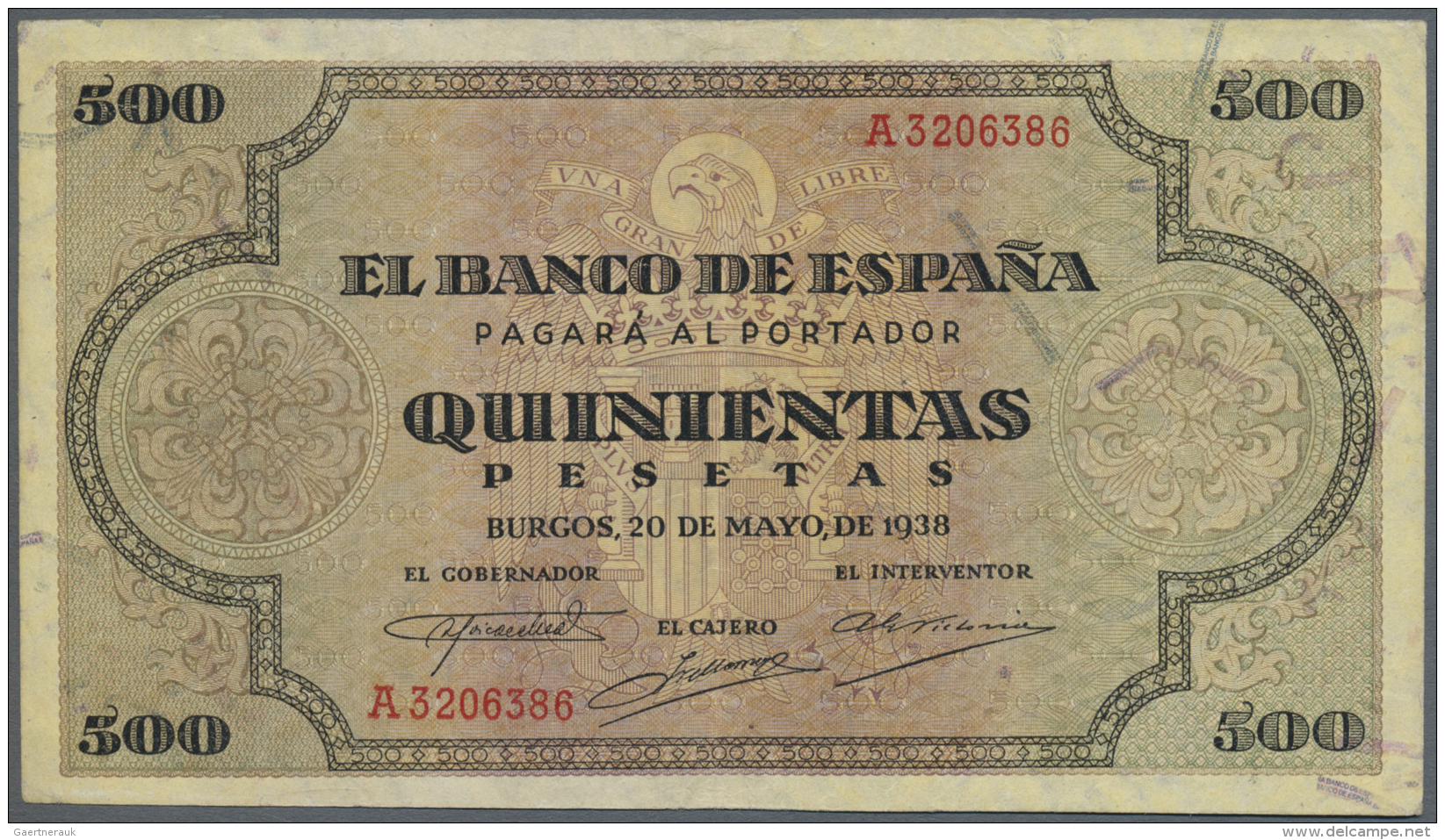 Spain / Spanien: 500 Pesetas 1938 P. 114a, With Center Fold, A Few Very Tiny Pinholes But No Tears And No Repairs, A Bit - Autres & Non Classés
