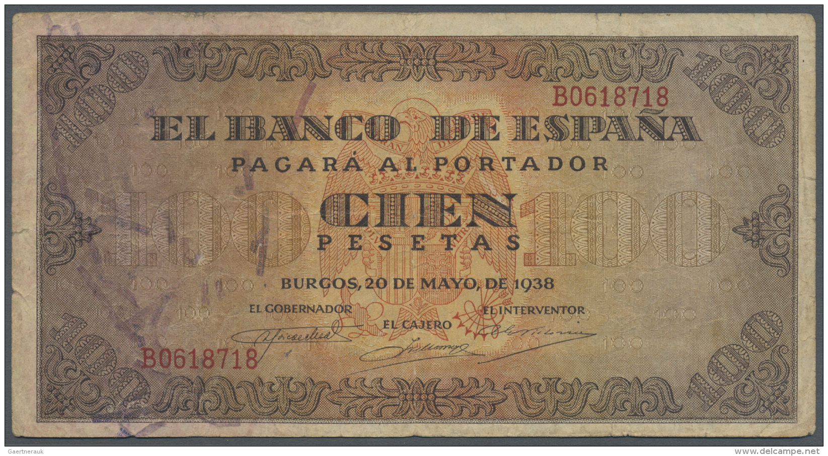 Spain / Spanien: 100 Pesetas 1938 P. 113a In Condition: F. - Autres & Non Classés