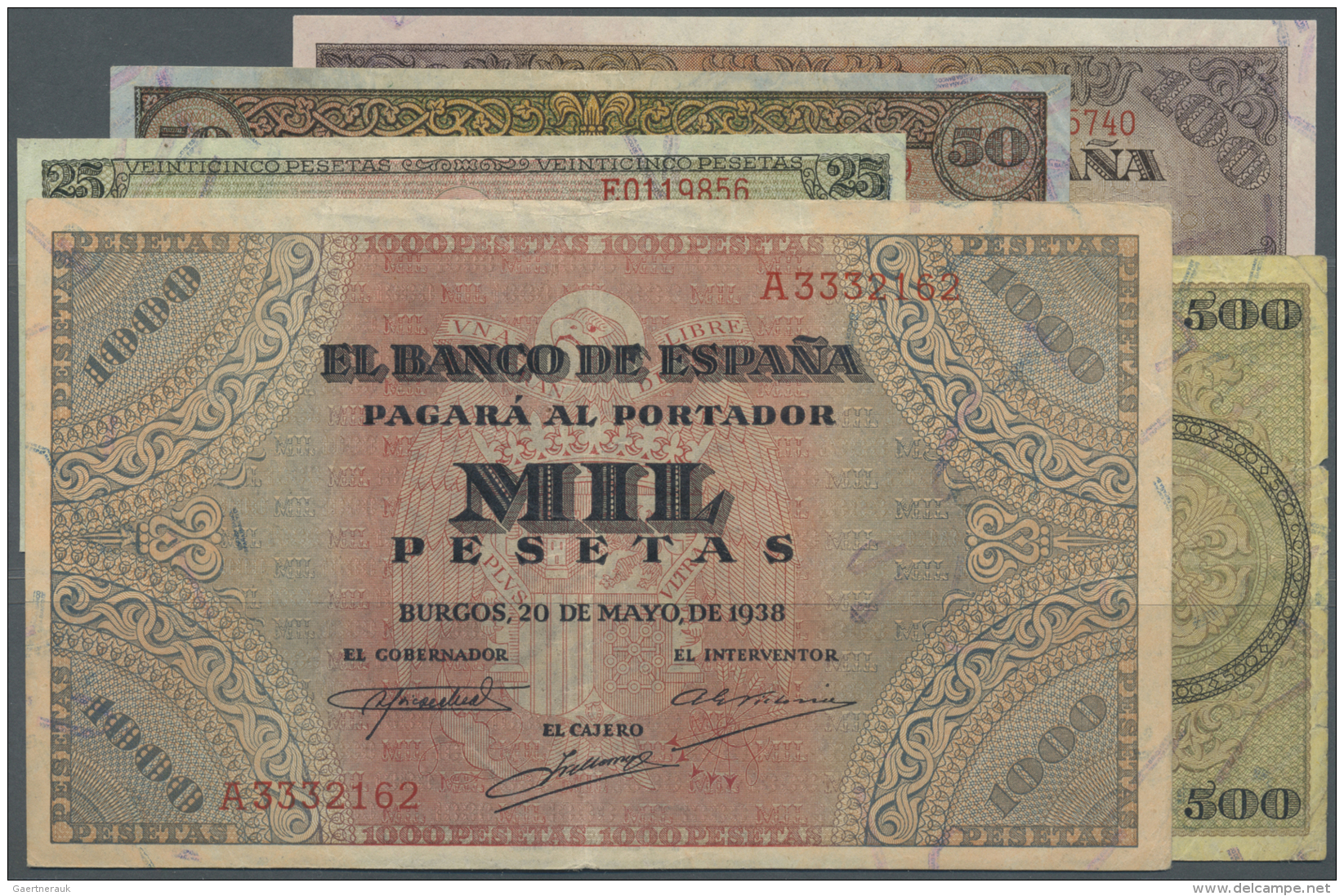 Spain / Spanien: Set Of 5 Notes Containing 25 Pesetas 1938 P. 111 (VF), 50 Pesetas 1938 P. 112 (VF), 100 Pesetas 1938 P. - Altri & Non Classificati