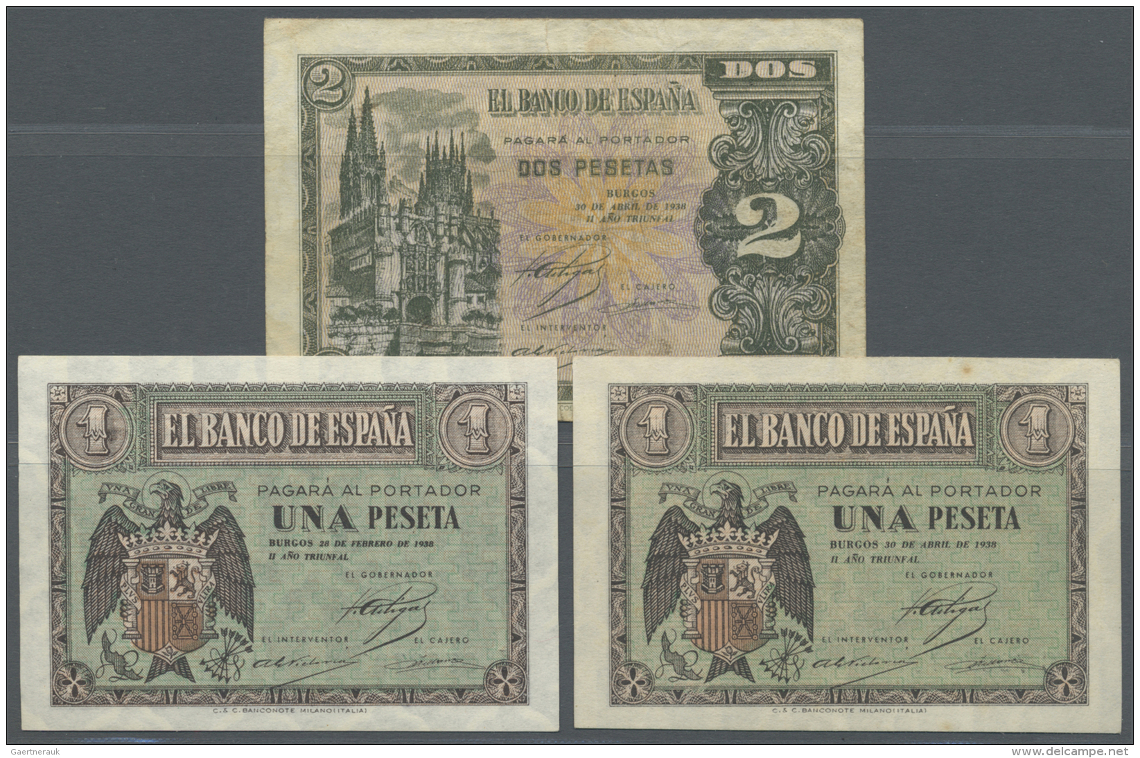 Spain / Spanien: Set Of 3 Notes Containing 1 Peseta 1938 P. 107a (aUNC9, 1 Peseta 1938 P. 108a (aUNC) And 2 Pesetas 1938 - Altri & Non Classificati