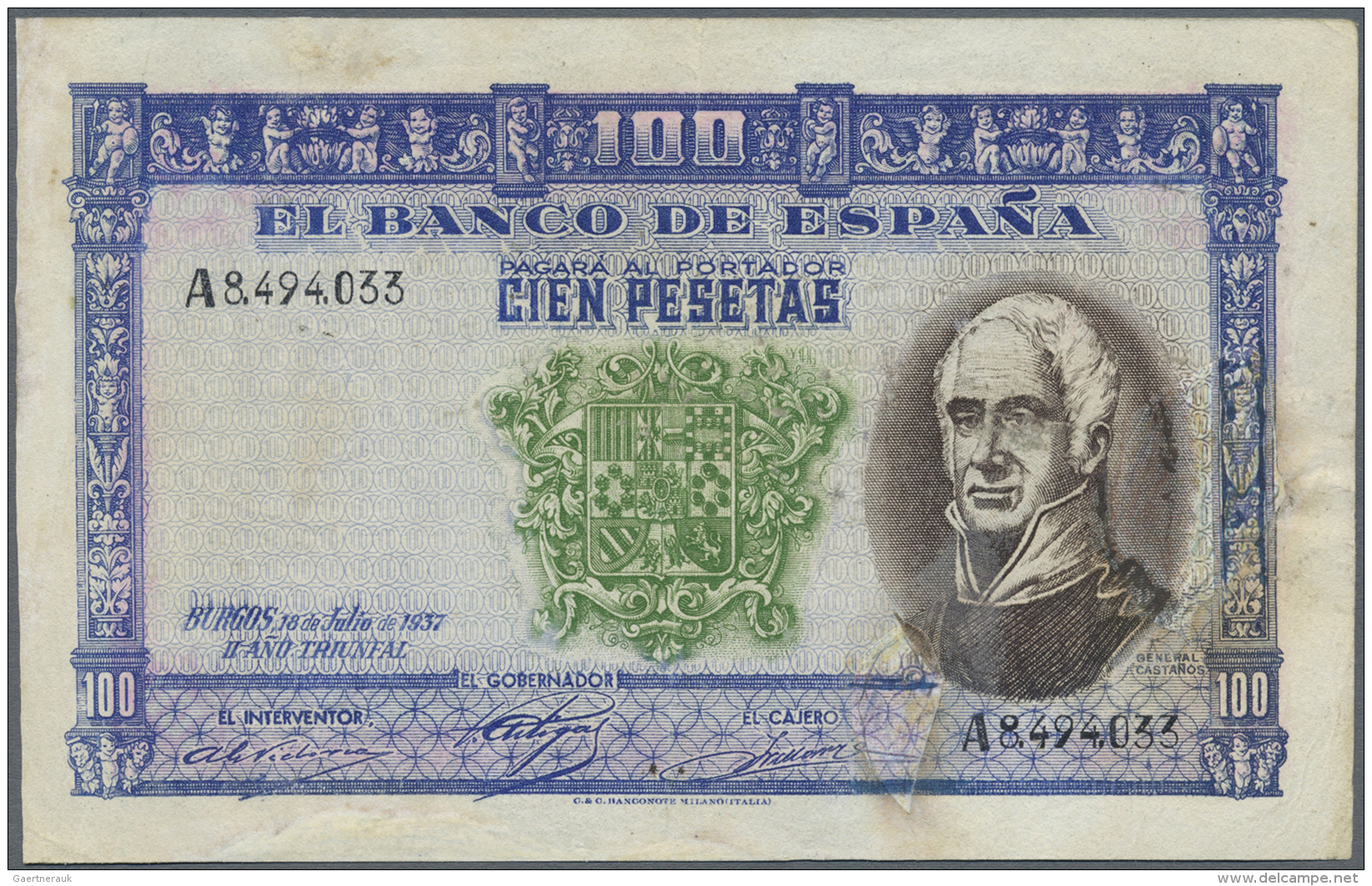 Spain / Spanien: 100  Pesetas 1937 P. 106C, Highly Rare Issue, Unissued Design, With Serial Number And Signatures, 2 Lar - Altri & Non Classificati