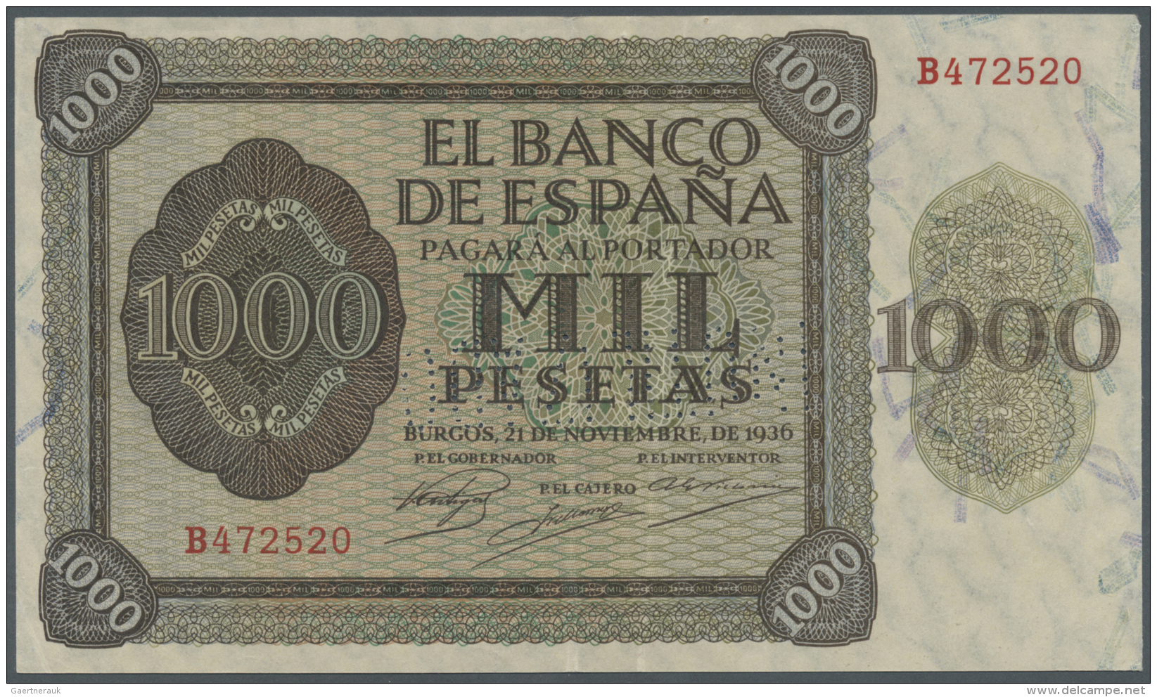 Spain / Spanien: 1000 Pesetas 1936 With Cancellation Perforation P. 103s, Regular Serial Number, Vertical Folds, Conditi - Autres & Non Classés