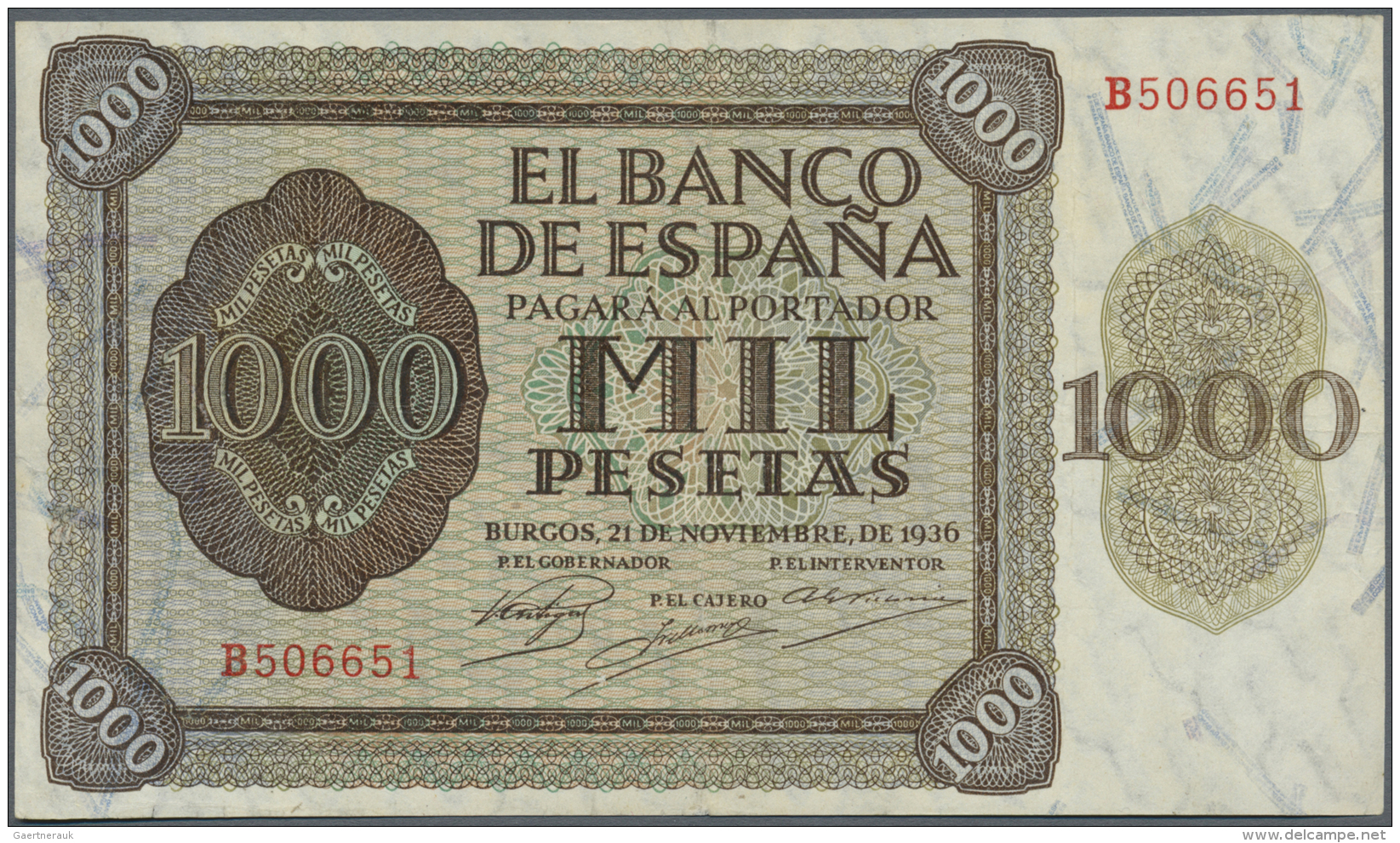 Spain / Spanien: 1000 Pesetas 1936 P. 103a, Horizontal And Vertical Fold, A 1mm Tear At Lower Border Left, No Holes, Cri - Autres & Non Classés